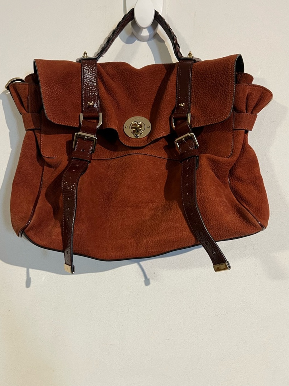 Mulberry red suede patent leather fox lock Alexa bag